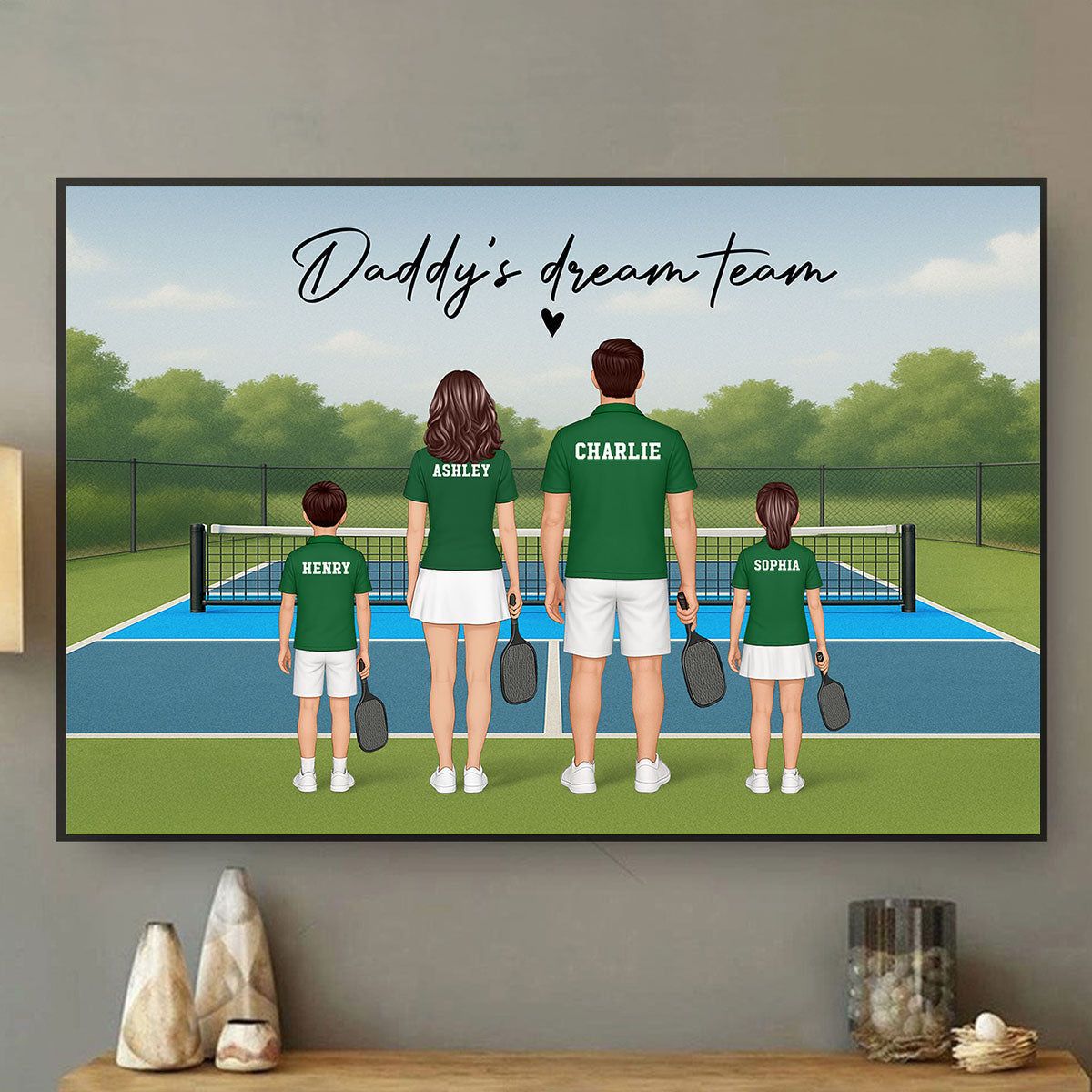 Daddy's Team Pickleball Family Back View Personalized Poster, Father's Day Gift