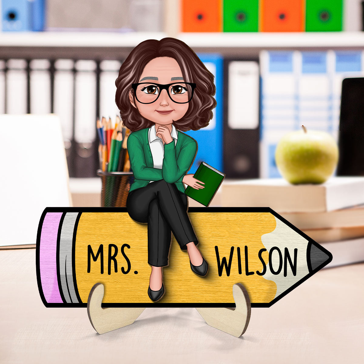 Doll Teacher Sitting On Pencil - Personalized 2-Layered Wooden Plaque - Gift For Teacher