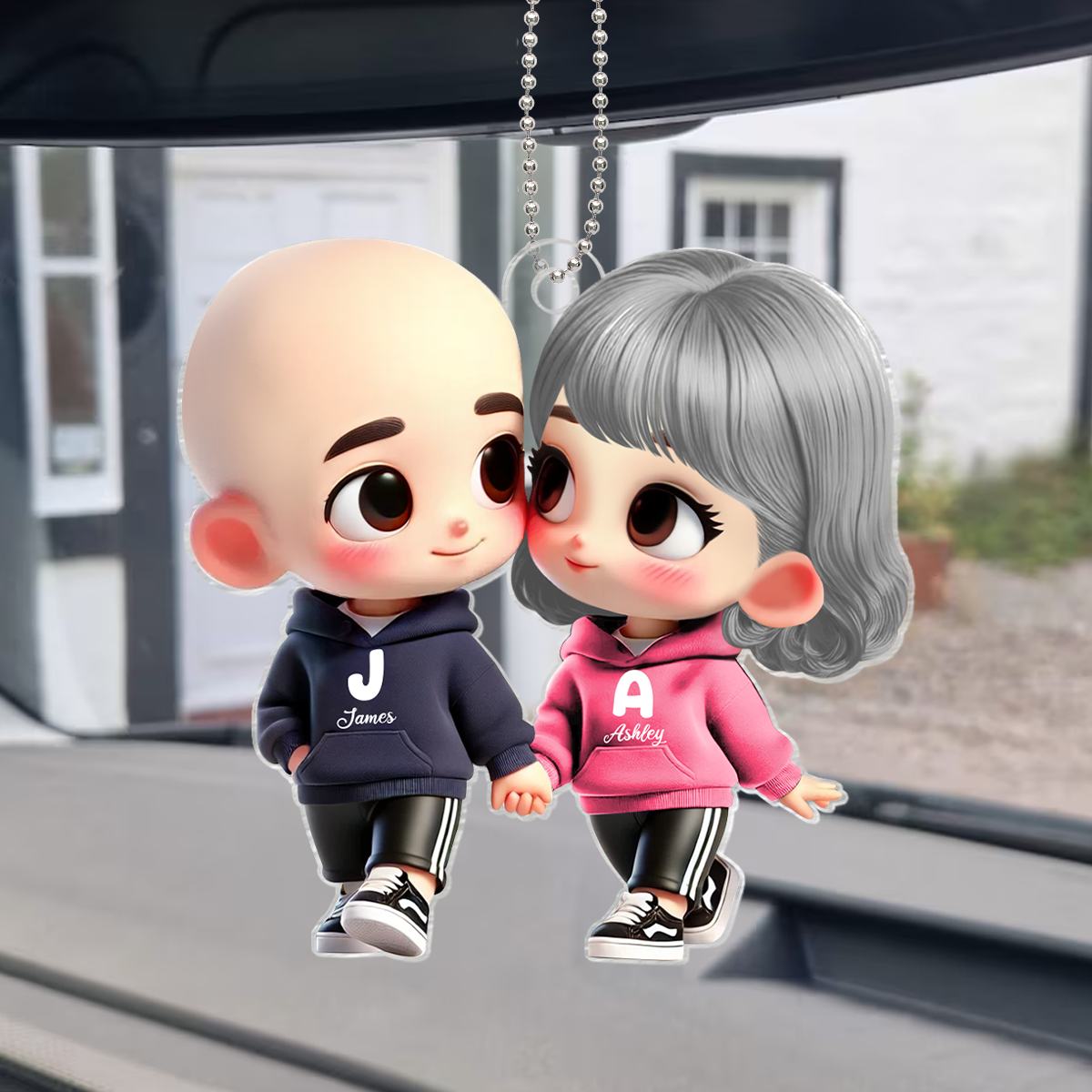 3D Effect Cute Cartoon Couple Holding Hands - Personalized Acrylic Car Hanger - Unique Valentine's Day Gift For Him, Gift For Her