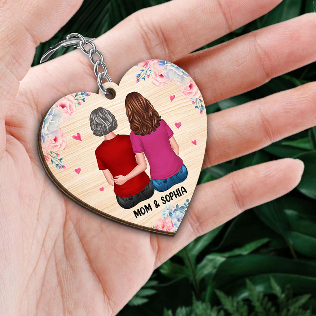You Are The World Mother And Daughter Heart Shape Personalized Wooden Keychain