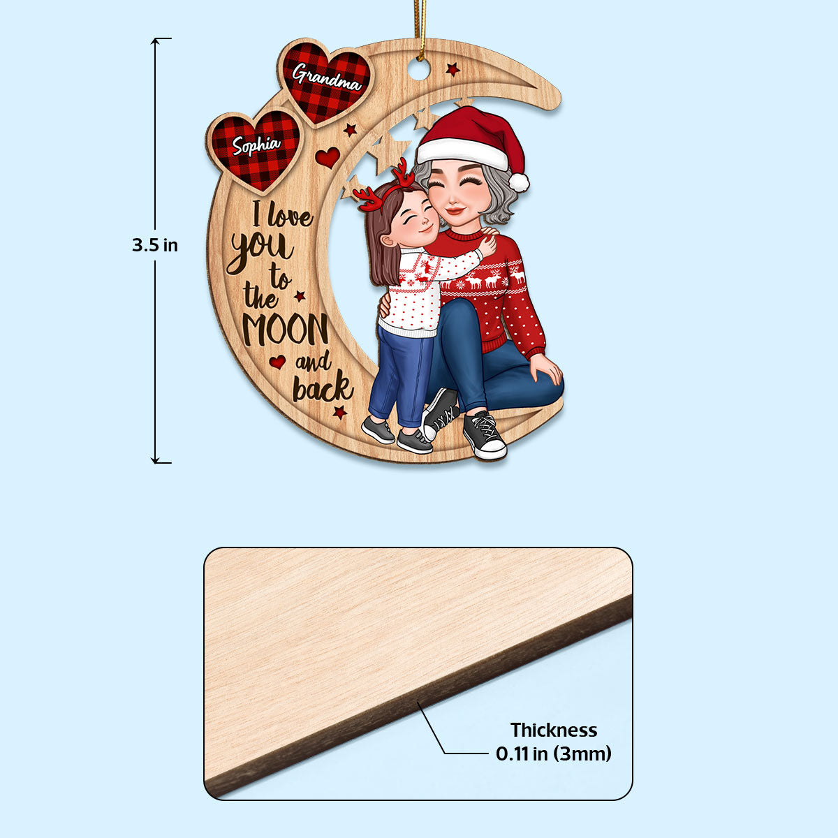 Checkered Pattern Heart Cute Grandkid Hugging Sitting Grandma On Moon Personalized Wooden Ornament