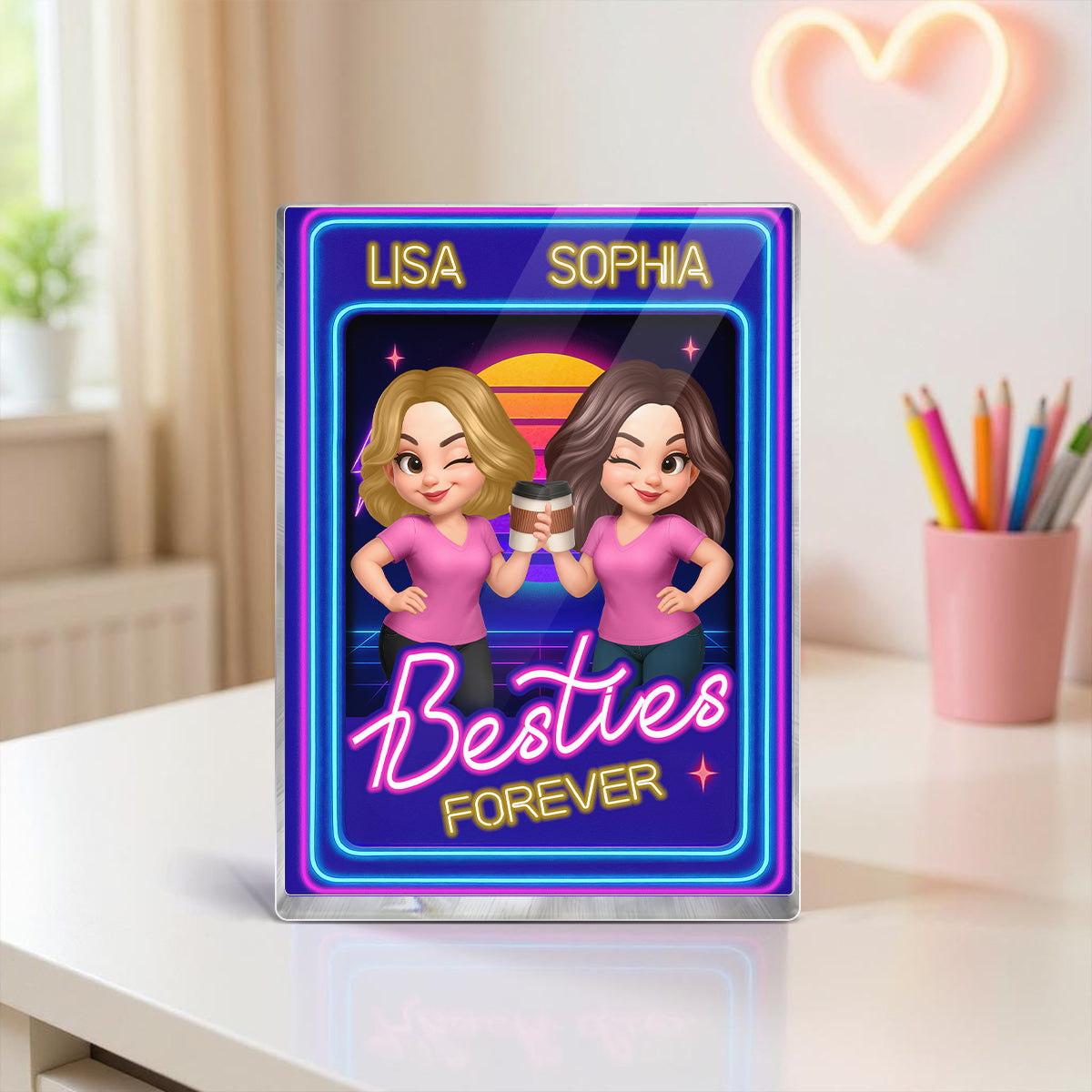 Besties Sisters Retro Rewind Neon Toy Box 3D Effect Personalized Acrylic Block