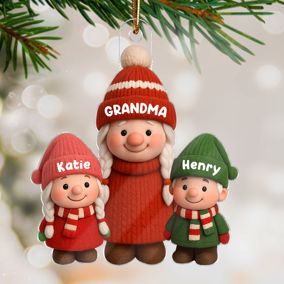 3D Effect Cute Gnome Grandma And Grandkids - Personalized Acrylic Ornament