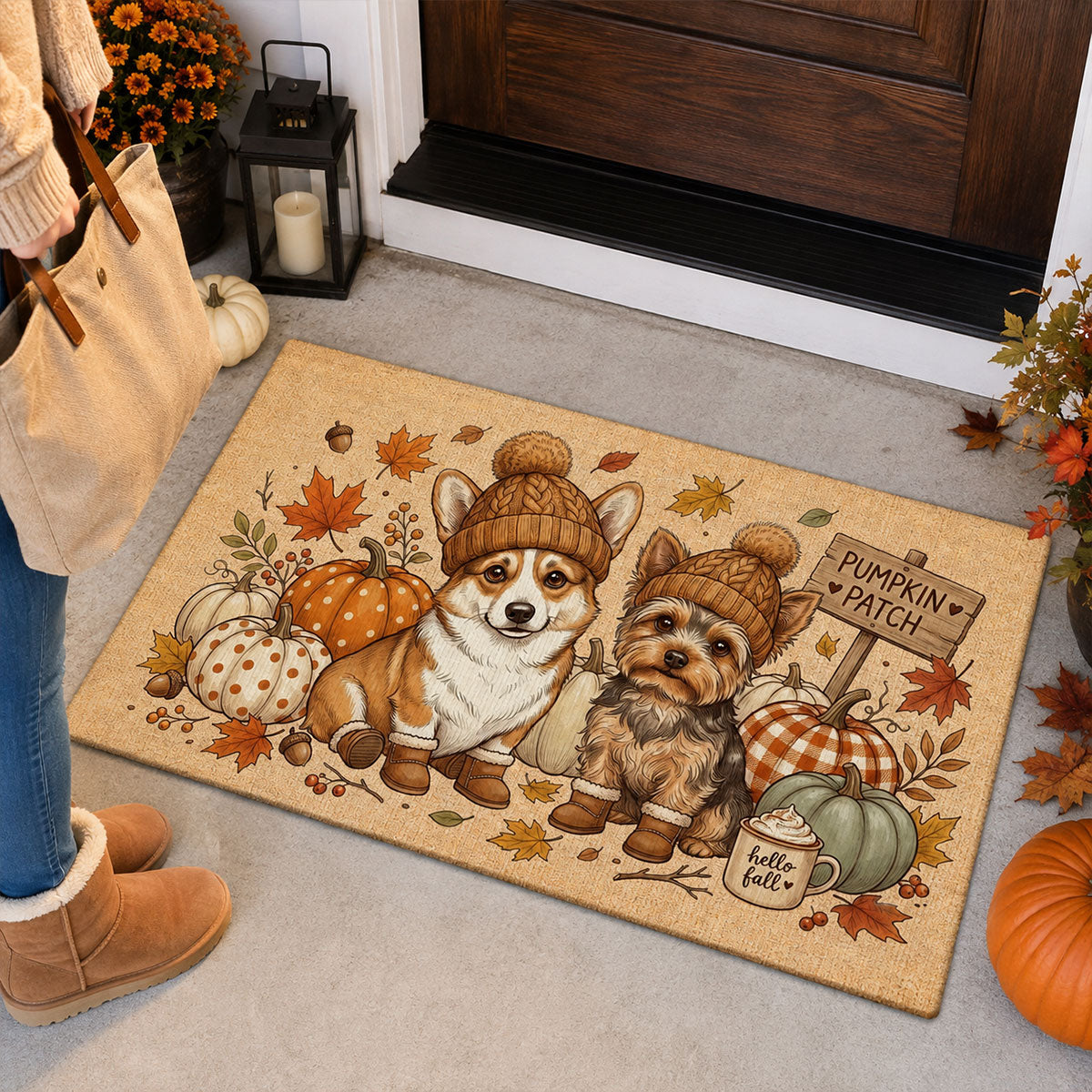 Hello Fall Custom Dog Cat Pet Portrait from Photo - Personalized Doormat - Cozy Fall Decor for Pet Lovers