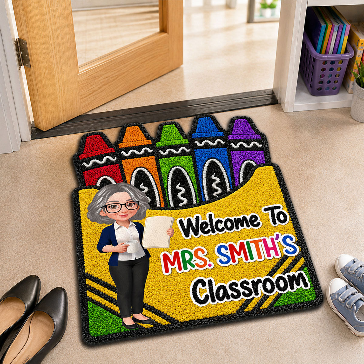 Teacher Welcome To Classroom Crayon Box Faux Yarn Pattern - Personalized Doormat - Back To School Gift For Teacher, Classroom Decor