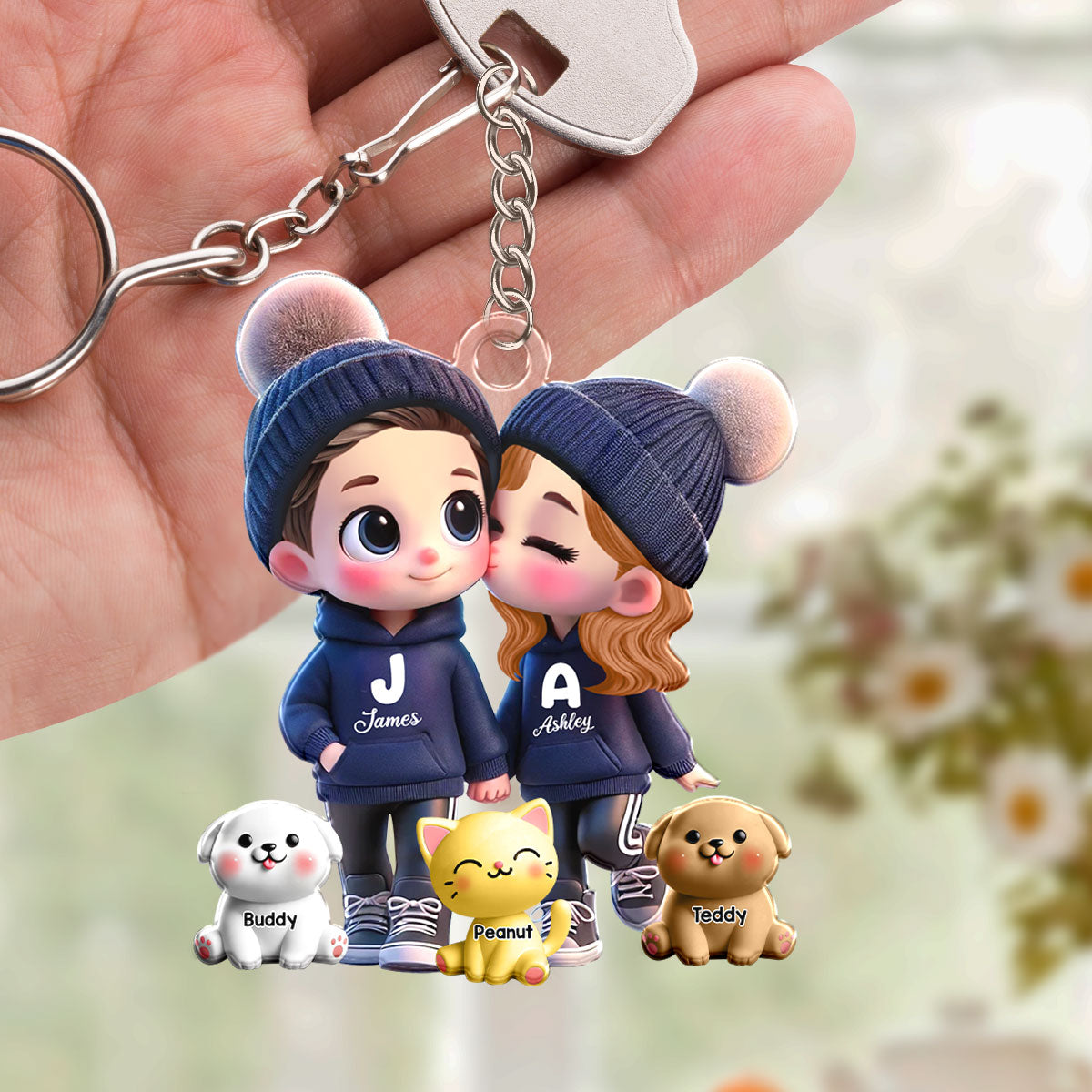 3D Effect Cute Cartoon Couple You Me And The Dog Cat Personalized Acrylic Keychain,  Unique Valentine's Day Gift For Him, Gift For Her