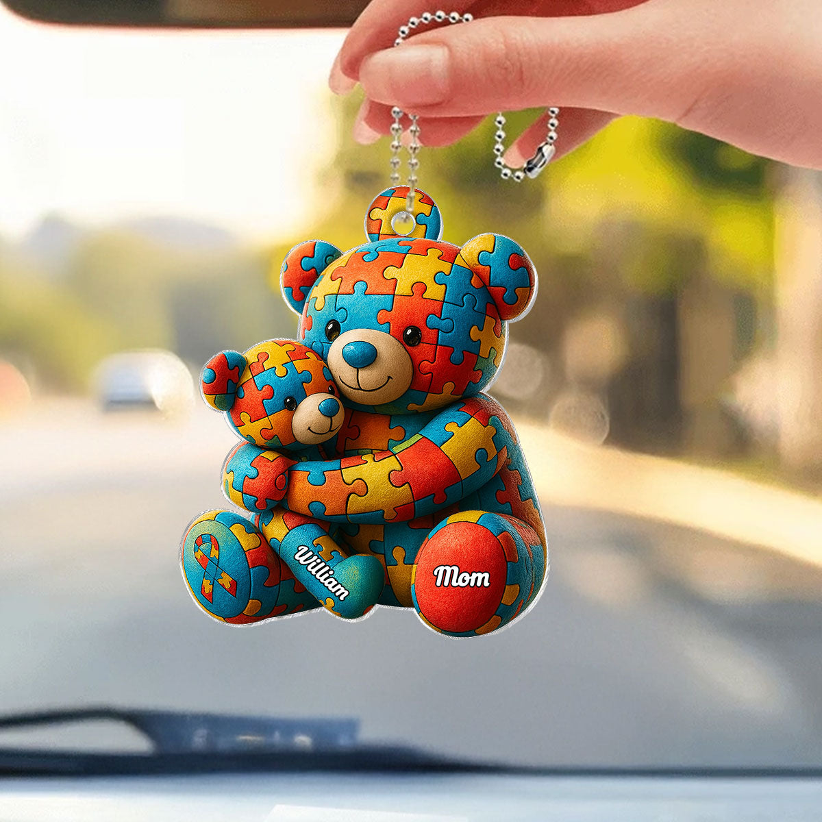Autism Bear Mom & Kid Autism Awareness Personalized Car Hanger Ornament