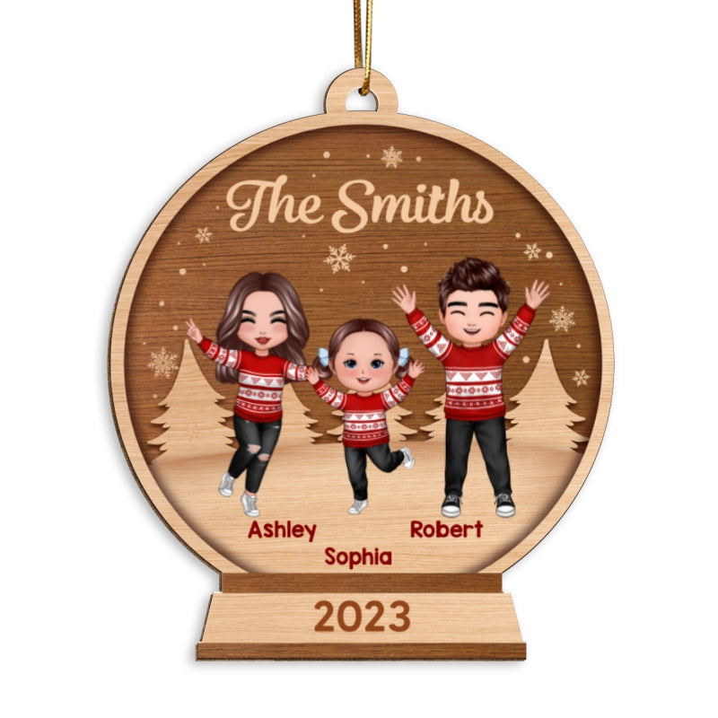 Happy Christmas Doll Family In Snow Globe Personalized Wooden Ornament