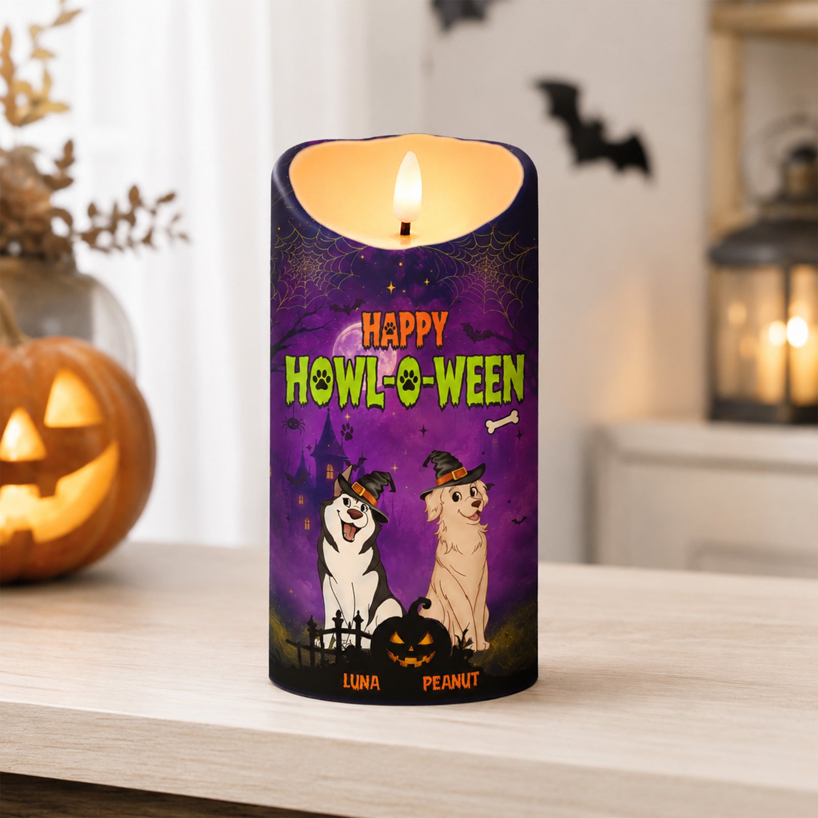 Dog Mom Happy Howloween Purple Magical Theme - Personalized LED Candle - Pawfect Halloween Decor for Dog Lover