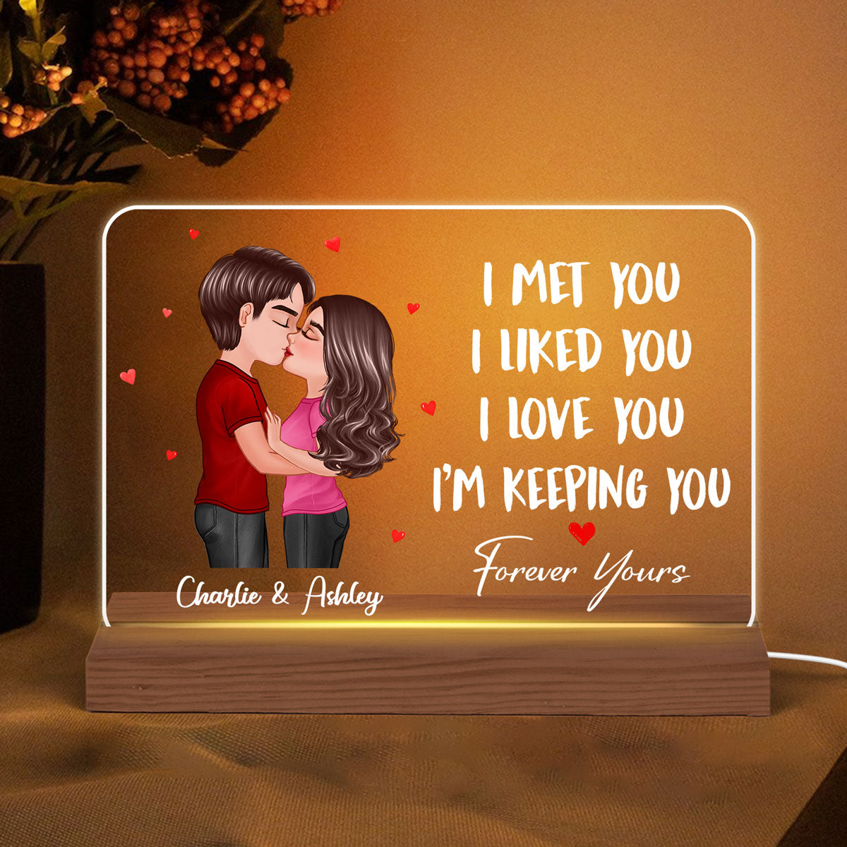 Doll Couple Kissing I Met You Gift For Him For Her Personalized Custom Shape Horizontal Rectangle Acrylic Plaque LED Night Light
