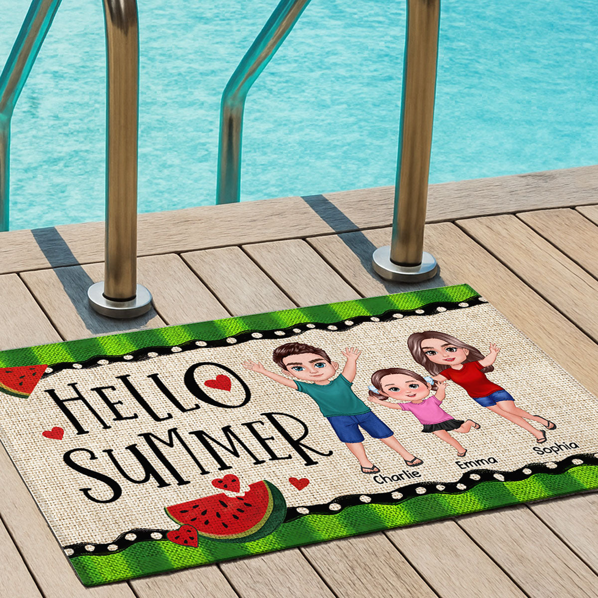 Hello Summer Watermelon Family Personalized Doormat, Summer Decoration