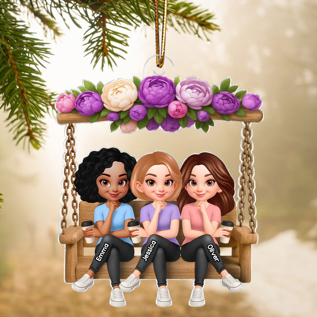Christmas Besties Sisters On Flower Swing - Personalized Acrylic Ornament