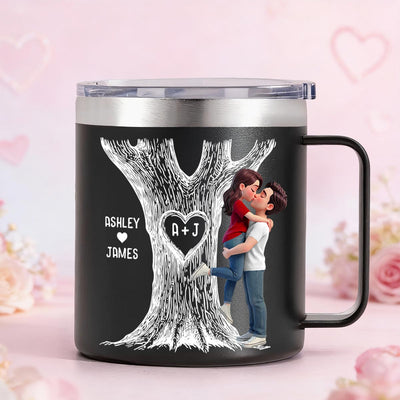 Eternal Love Couple Hugging Kissing Heart Carved Tree Of Love Initials - Personalized Tumbler With Handle - Heartfelt Valentine, Anniversary Gift For Him, For Her