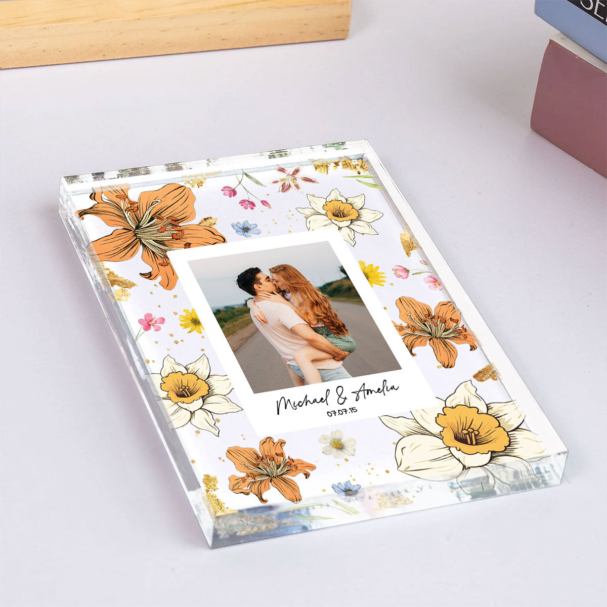 Couple Upload Photo Birth Month Flowers Personalized Acrylic Block Plaque, Anniversary Gift,  Gift