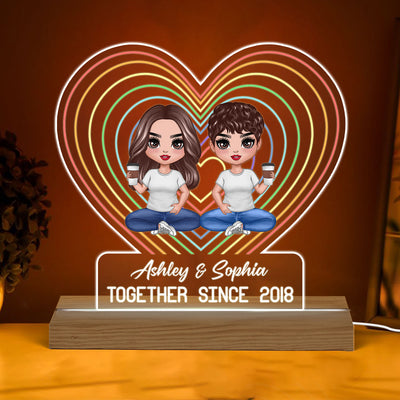 Doll Couple LGBT Rainbow Heart Lights Personalized Custom Shaped Acrylic Plaque With Warm LED Night Light