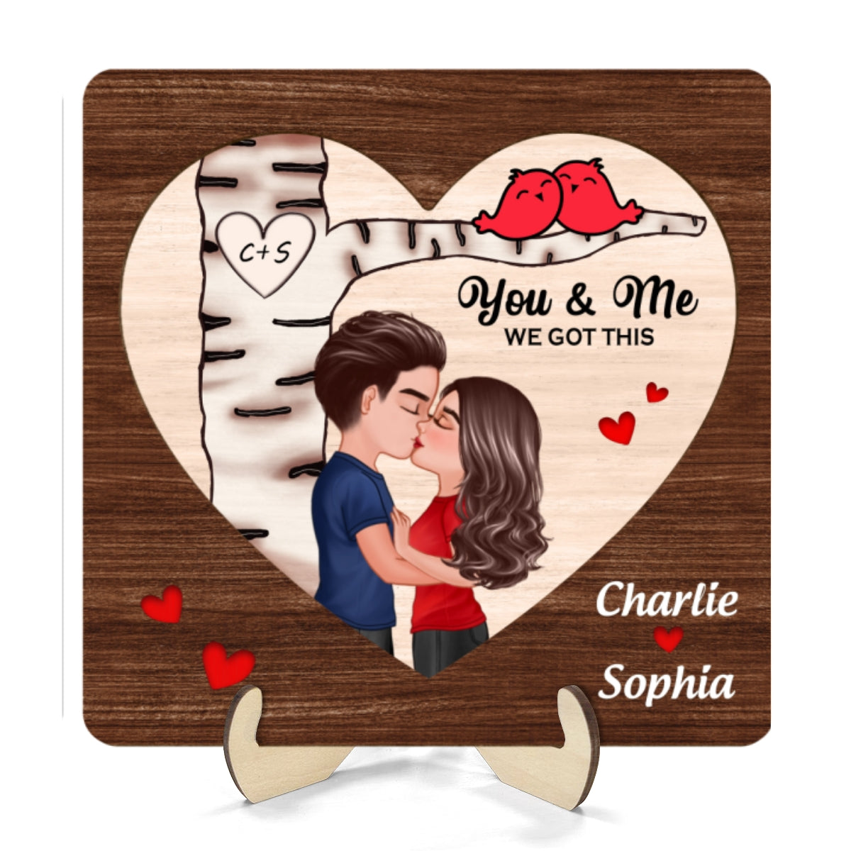 Couple Kissing Under Tree With Love Birds Personalized 2-Layer Wooden Plaque