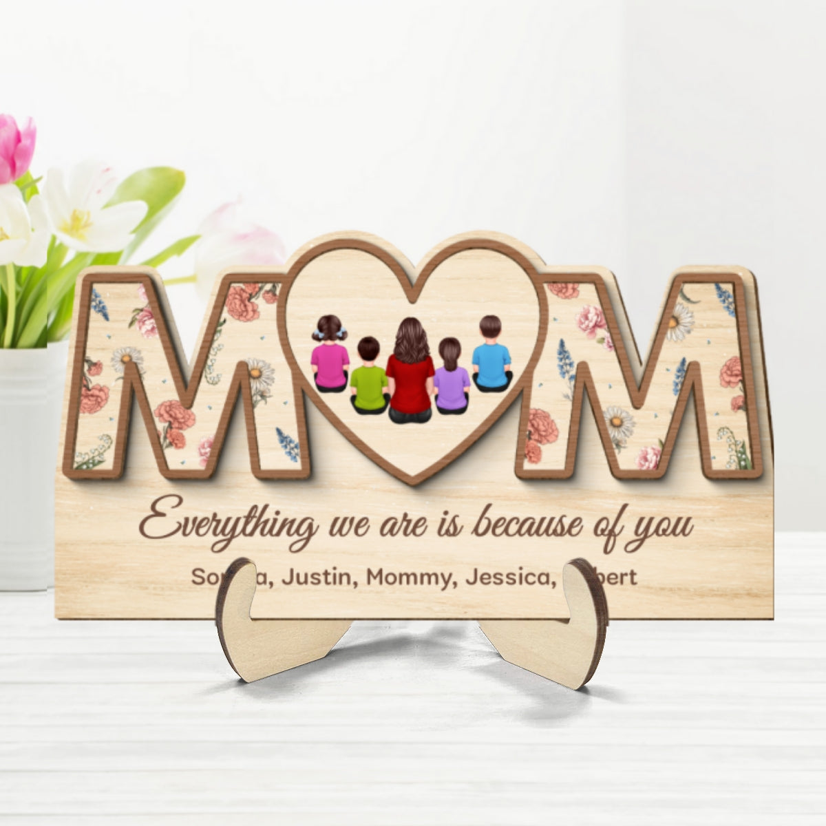 Custom Birth Month Flowers MOM Hearts Personalized 2-Layer Wooden Plaque
