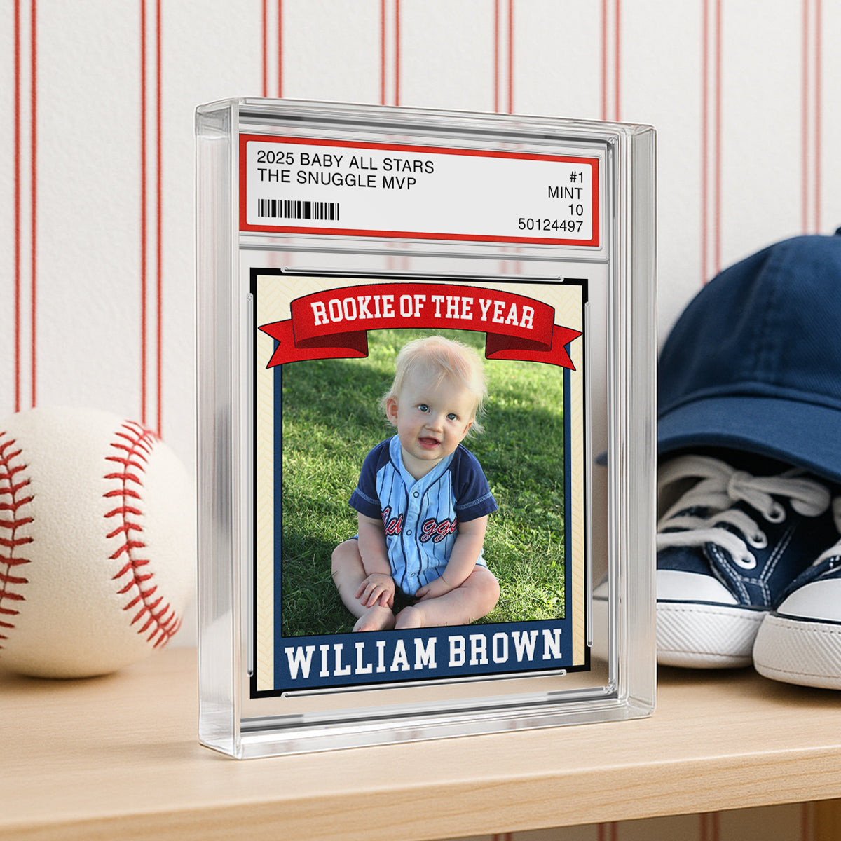 Rookie Baseball Kid All Star, Little Slugger, 1st Birthday Trading Card Style Personalized Acrylic Block Plaque