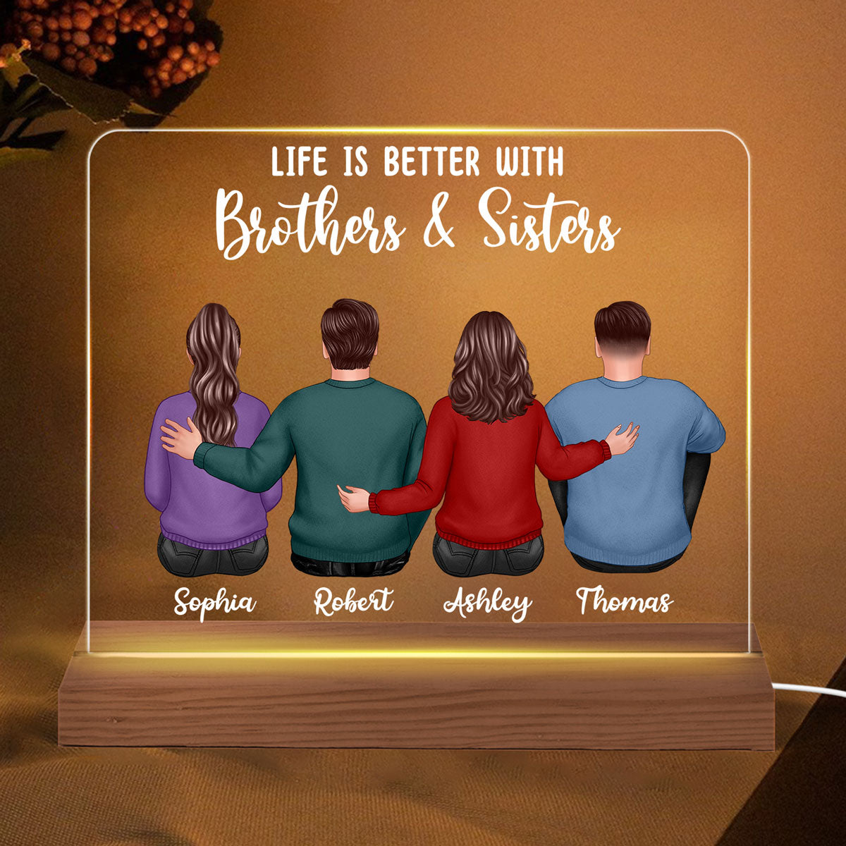 Back View Like Is Better With Brothers Sisters Personalized Custom Shape Acrylic Plaque LED Night Light
