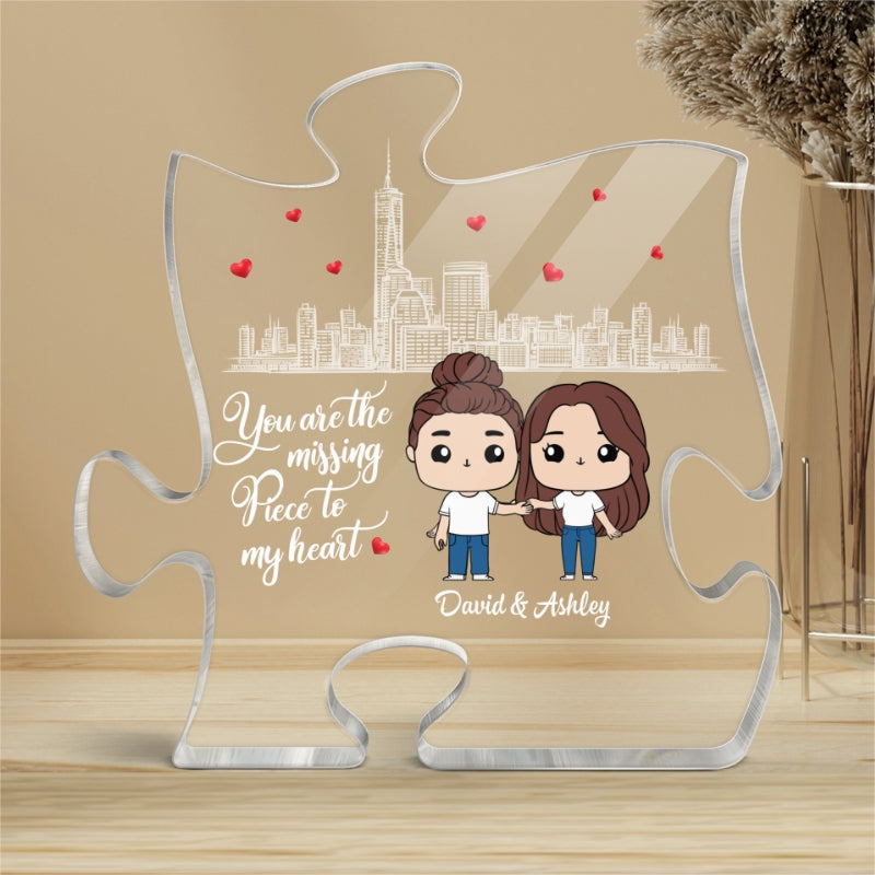 Cute Chibi Couple The Missing Piece To My Heart Personalized Puzzle Acrylic Plaque