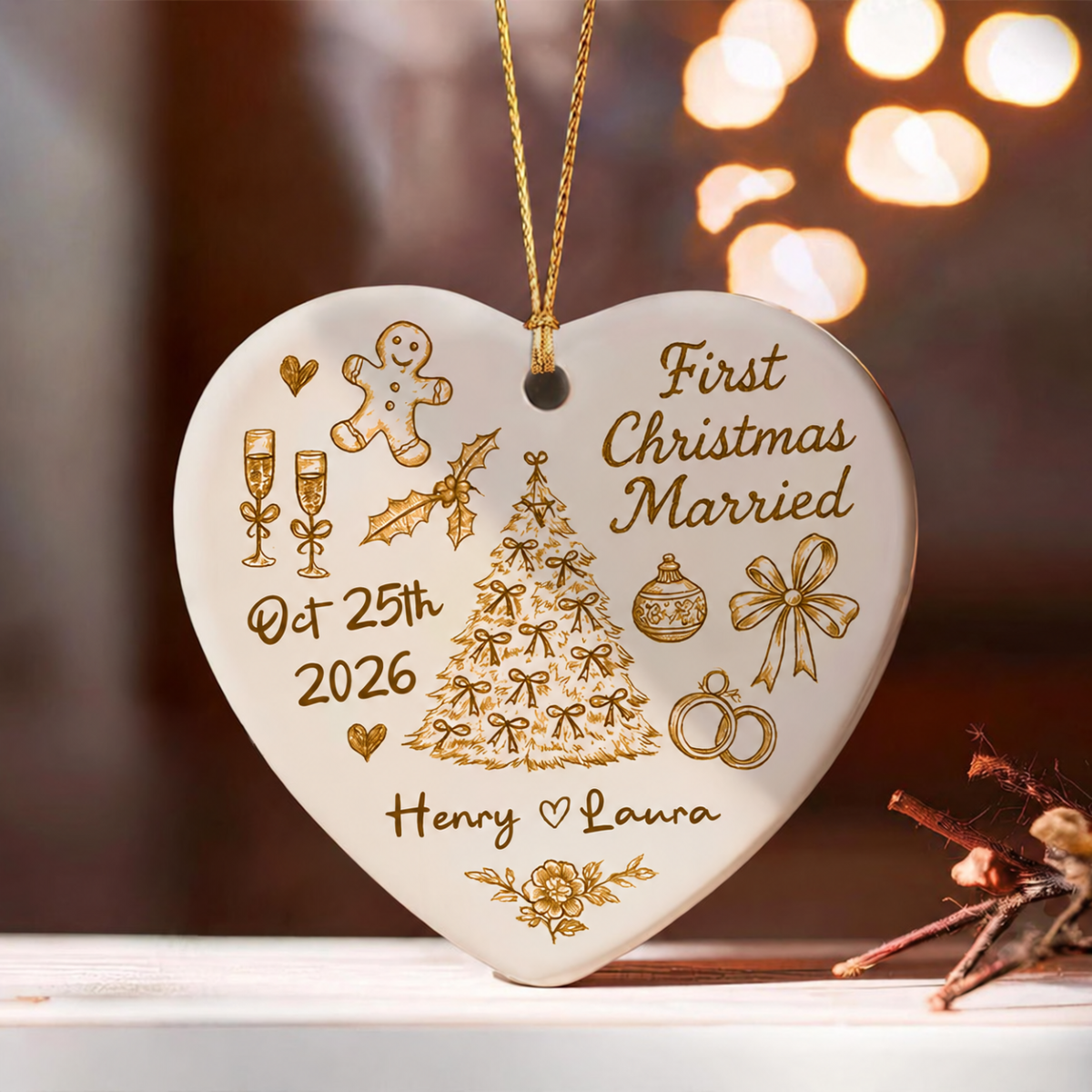 First Christmas Married Toile De Jouy Pattern - Personalized Ceramic Ornament - Christmas Gift For Him, For Her, For Couple