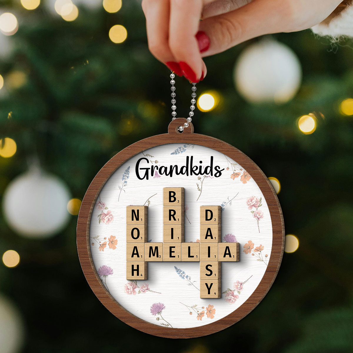 Grandkids Grandma's Garden Crossword Puzzle Art Birth Month Flower Personalized 2-Layer Wooden Ornament