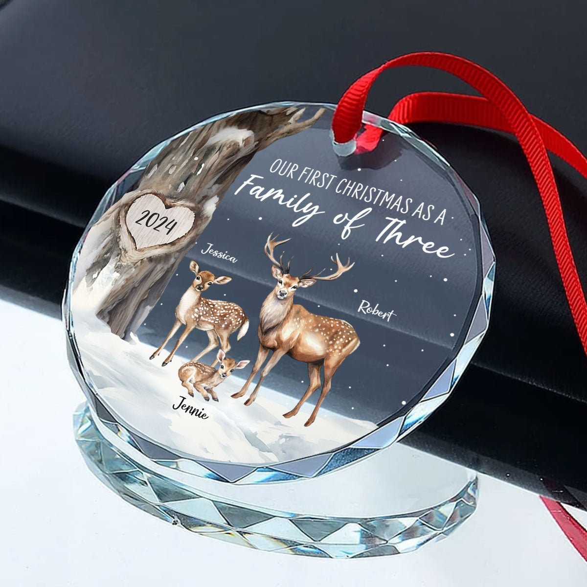 First Christmas As Family Of Three Deers Personalized Glass Ornament