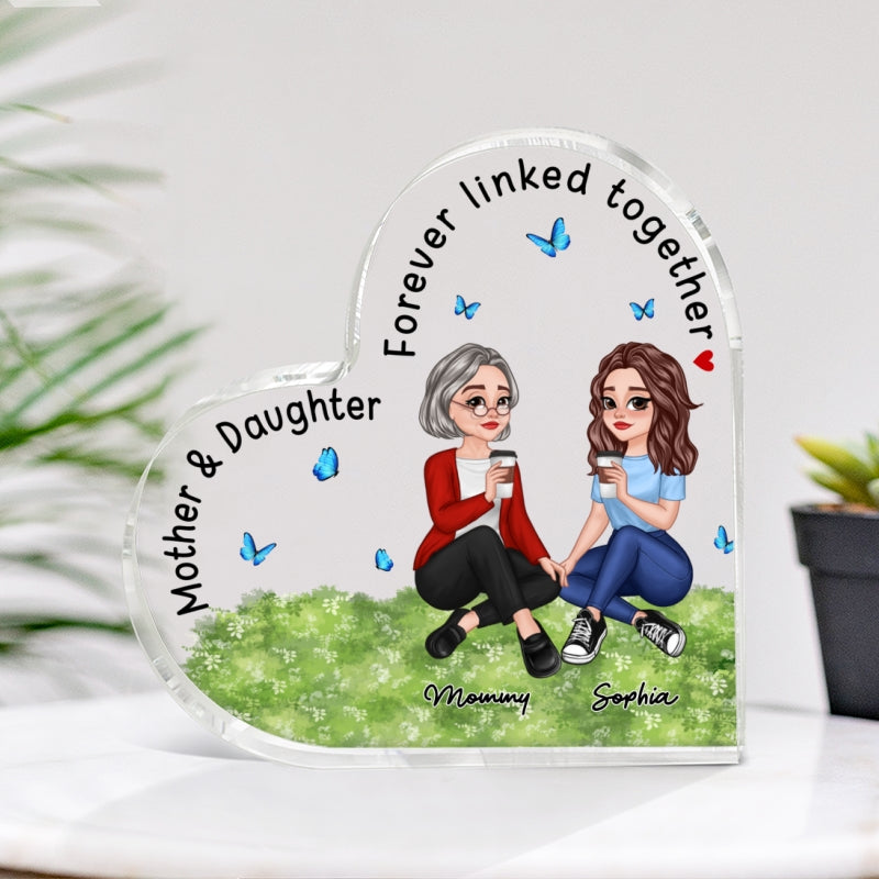 Pretty Cartoon Sitting Mom Daughter Forever Linked Together Personalized Acrylic Heart Plaque