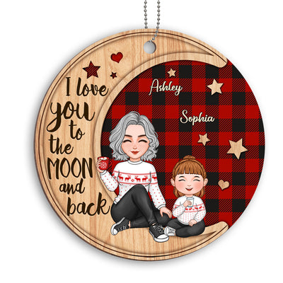 Checkered Pattern Cute Grandma Sitting With Grandkids On Moon Christmas Personalized Wooden Ornament