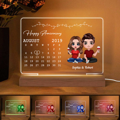 Doll Couple Calendar Anniversary Gift Rectangle Personalized Custom Shape Acrylic Plaque With LED Night Light - Anniversary Gift For Couple - Gift For Him Gift For Her