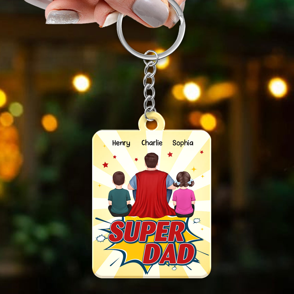 Super Dad And Kids Dogs Cats Back View Personalized Acrylic Keychain