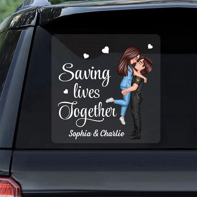 Saving Lives Together Hero Couple Hugging Kissing Personalized Decal