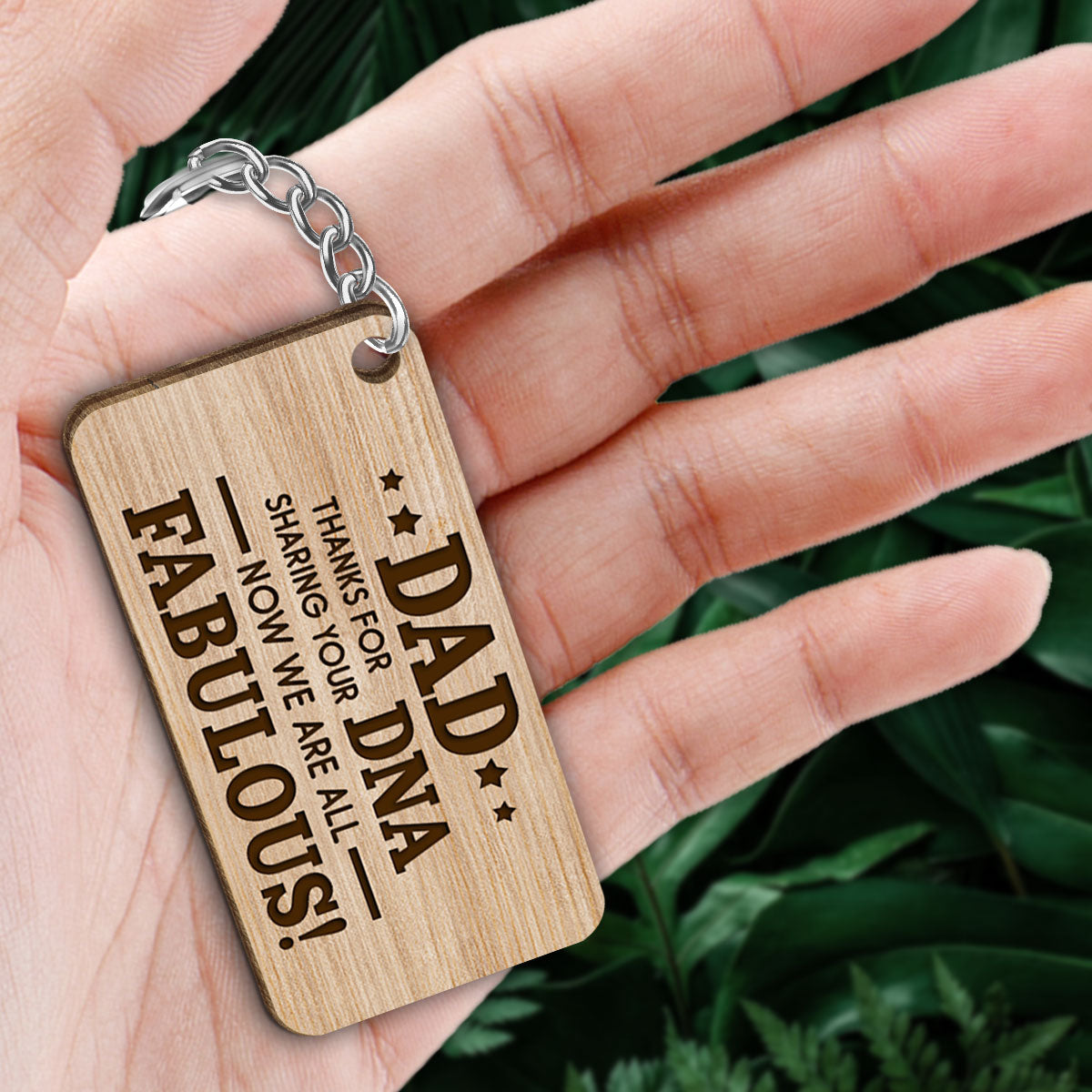 Dad Thanks For Sharing Your DNA Back View Man & Kids Sitting Personalized Wooden Keychain
