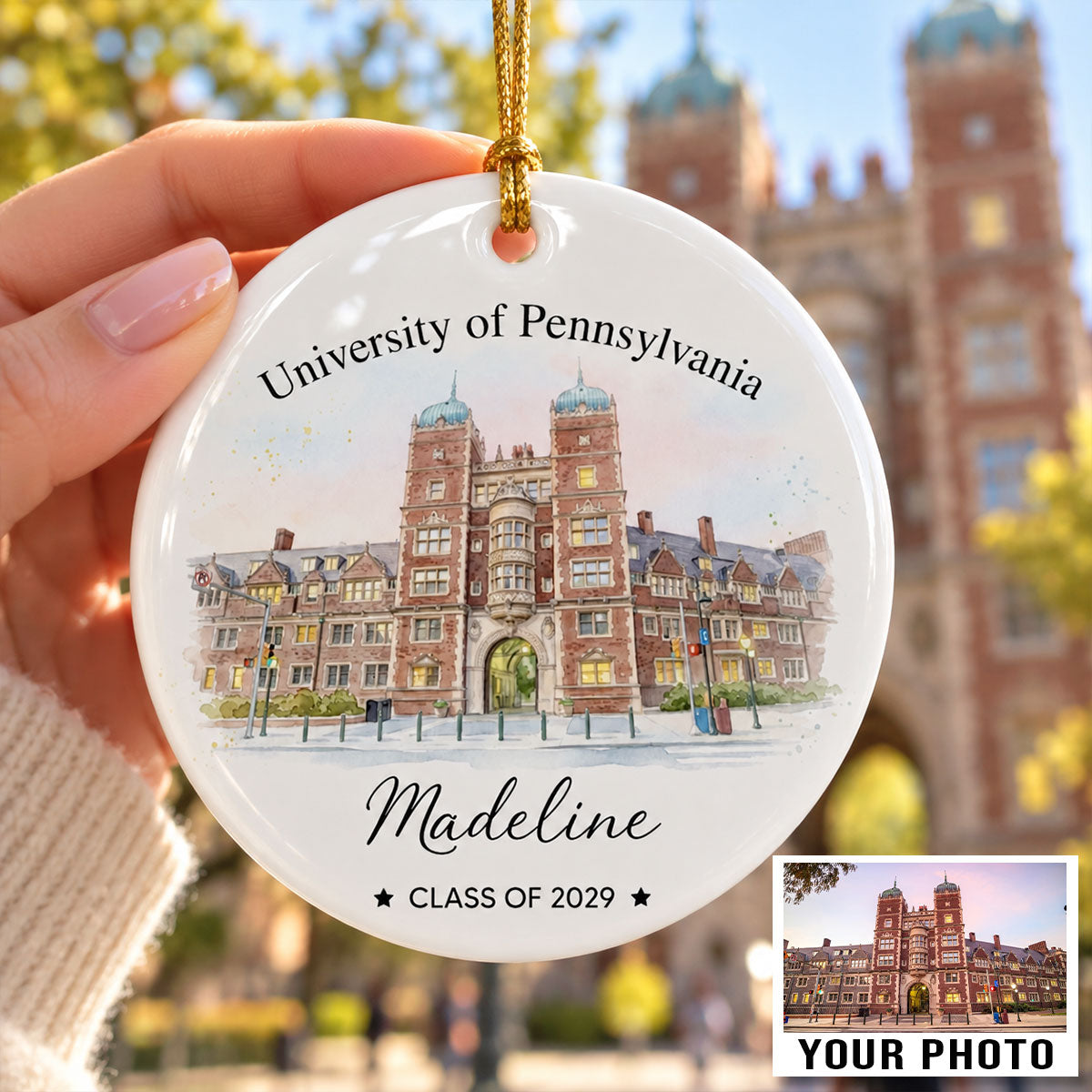 Watercolor Style Custom College University Photo - Personalized Ceramic Ornament - School Photo Keepsake For Students, Seniors, Freshmen