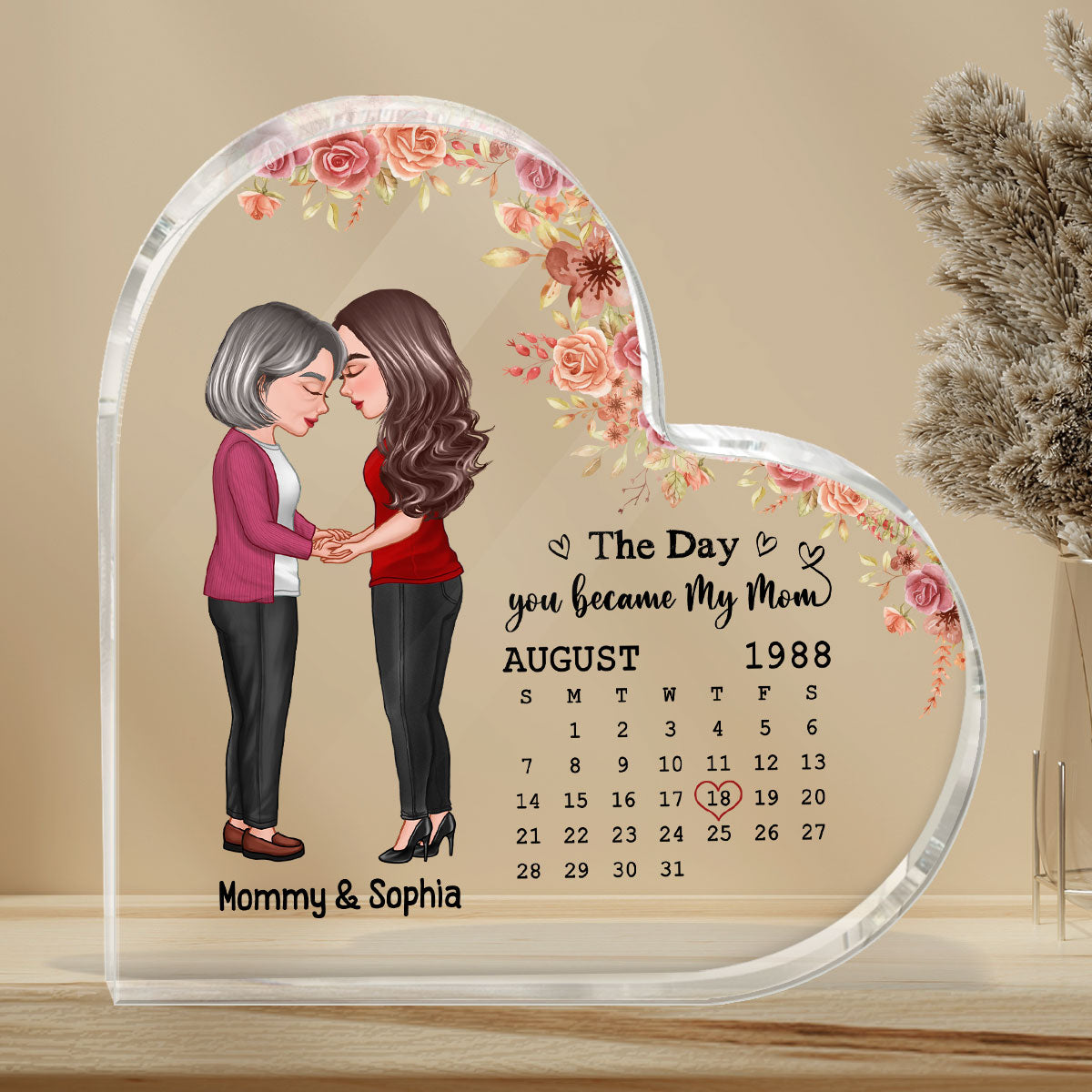 Mom Daughter Holding Hands Floral Calendar Date Personalized Acrylic Heart Plaque