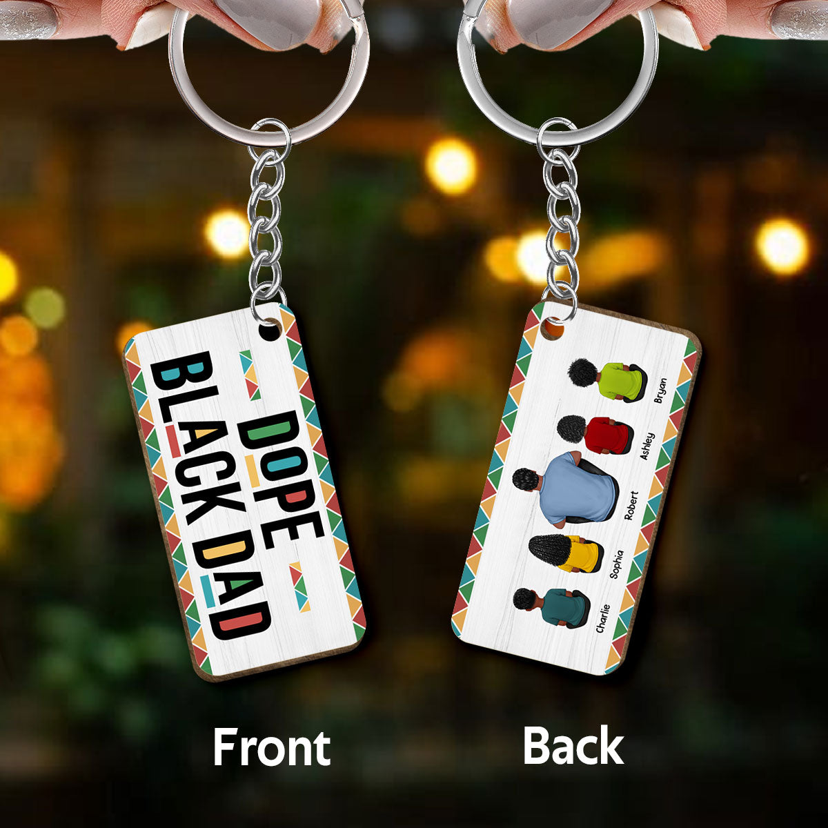 Black Dope Dad Colorful Pattern Back View Man Kids Dog Cat Personalized Wooden Keychain