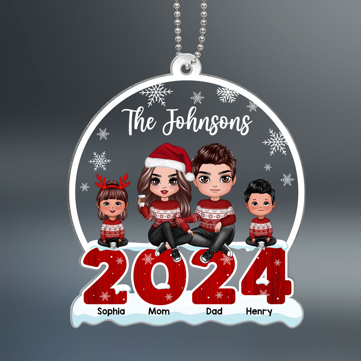 Doll Family Sitting On 2024 Snow Christmas Personalized Acrylic Ornament