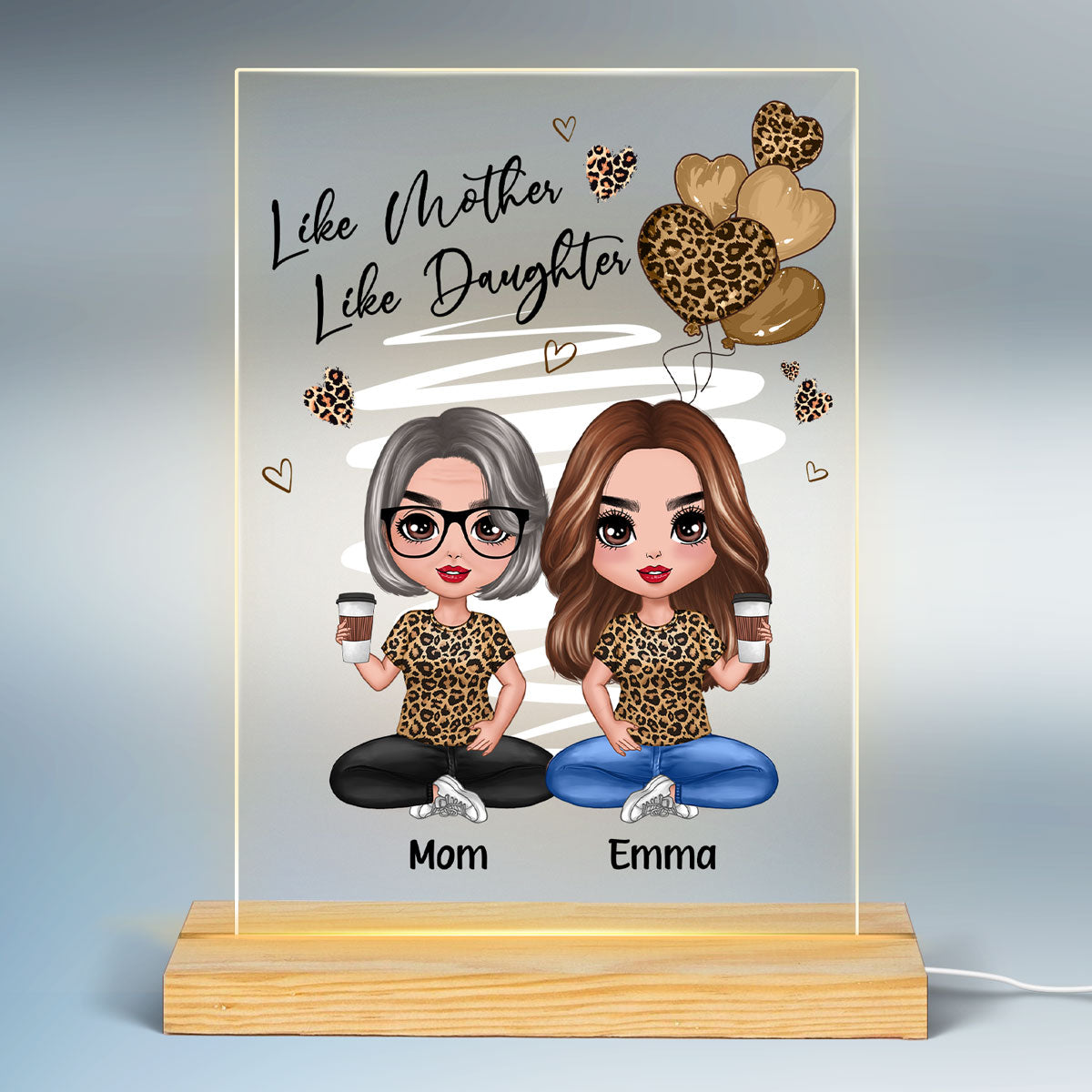 Leopard Hearts Doll Mom And Daughters Sitting Personalized Rectangle Acrylic Plaque LED Night Light