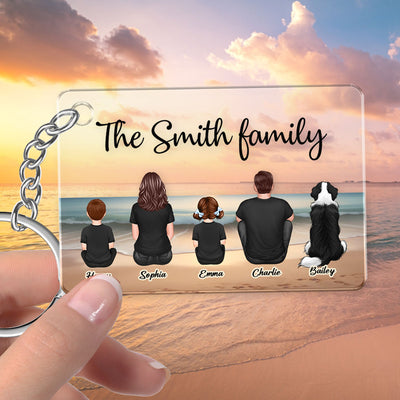 Family Sitting Realistic Beach Landscape Personalized Acrylic Keychain, Gift For Family