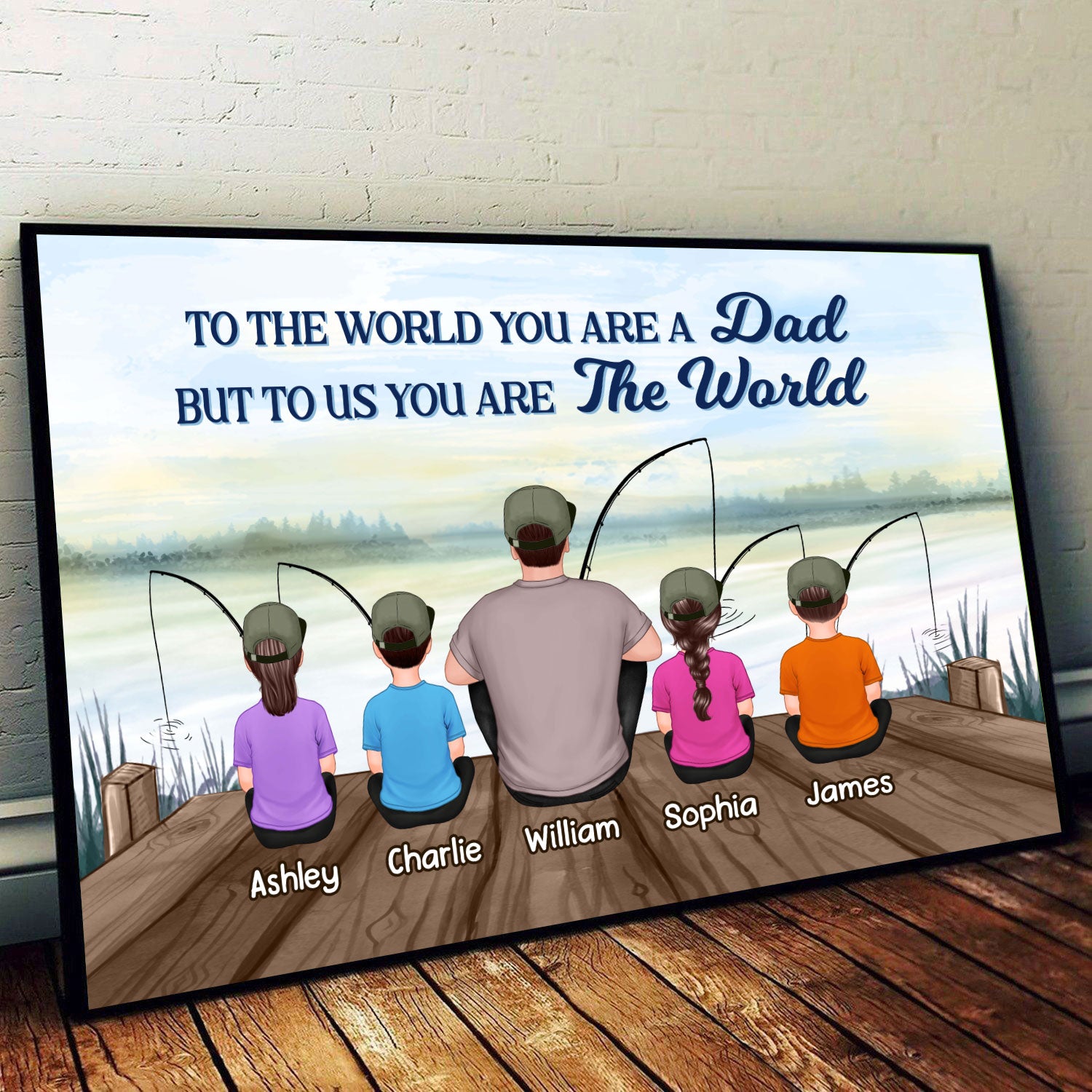 Fishing Back View Dad And Kids Sitting Personalized Horizontal Poster| Heartfelt Father's Day Gift For Dad