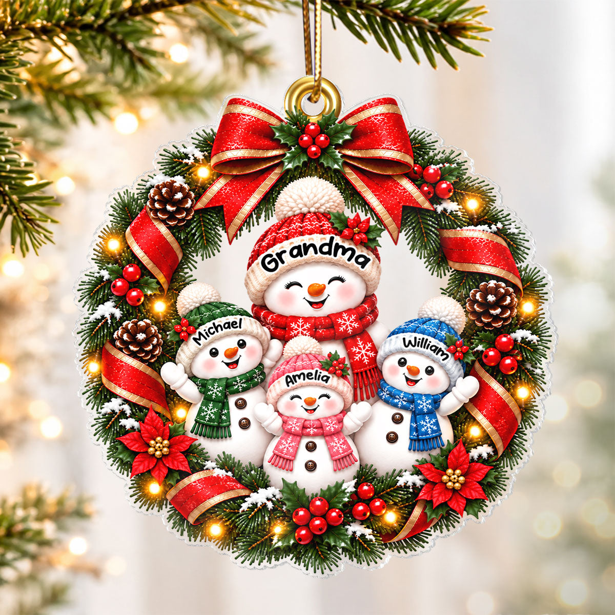 Festive Grandma & Grandkids Snowman Wreath 2D Flat – Personalized Acrylic Ornament - Christmas Gift For Grandma, Grandparents & Family