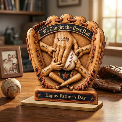 Baseball Glove Dad & Kids' Hands - Personalized 2-Layered Wooden Plaque - Father's Day Gift For Dad, Husband