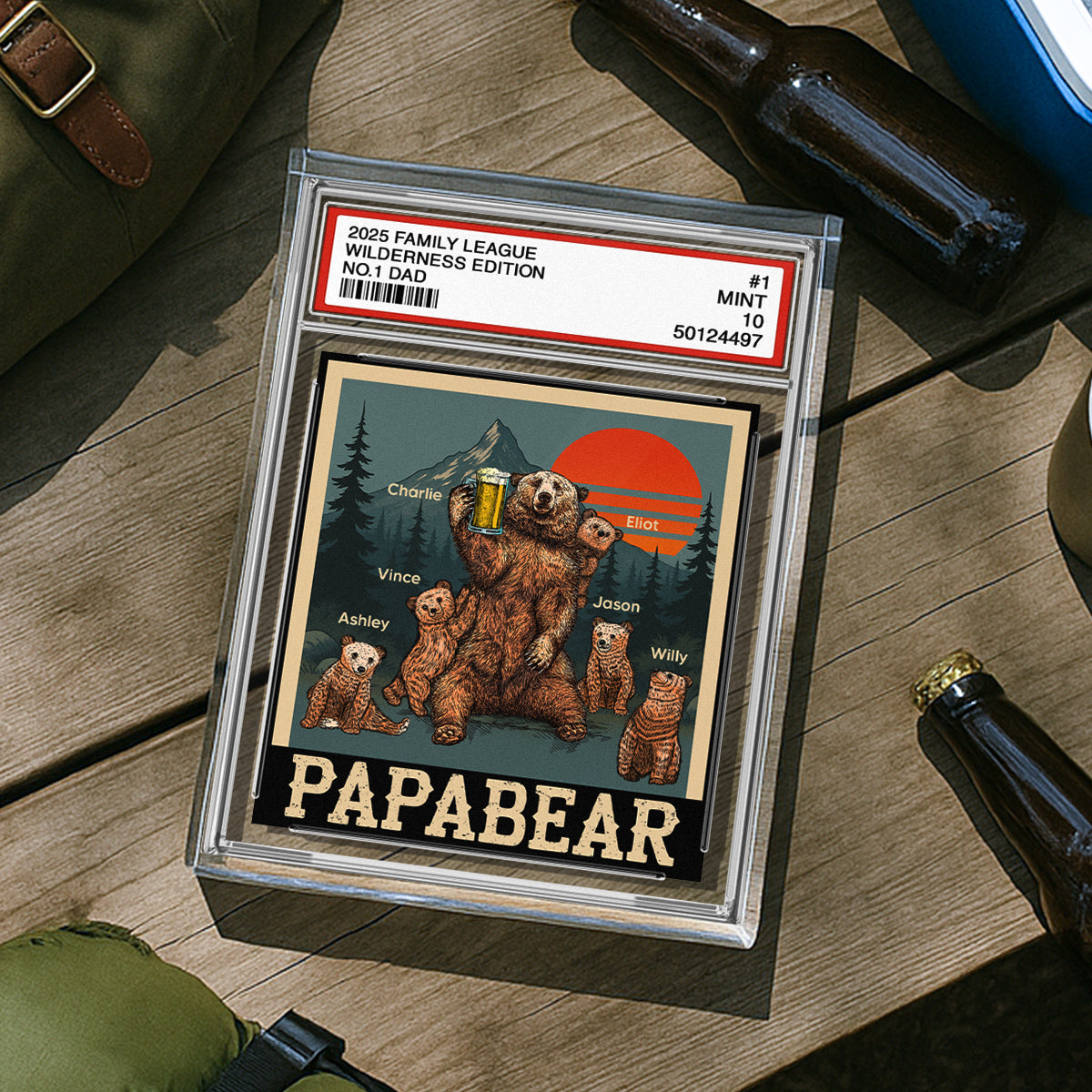 Papabear Dad & Kids Bear Retro Trading Card Style Personalized Acrylic Block Plaque
