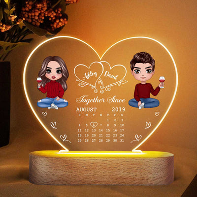 Hearts Doll Couple Sitting Calendar Anniversary Date Gift For Him Gift For Her Personalized Acrylic Heart Plaque LED Lamp Night Light