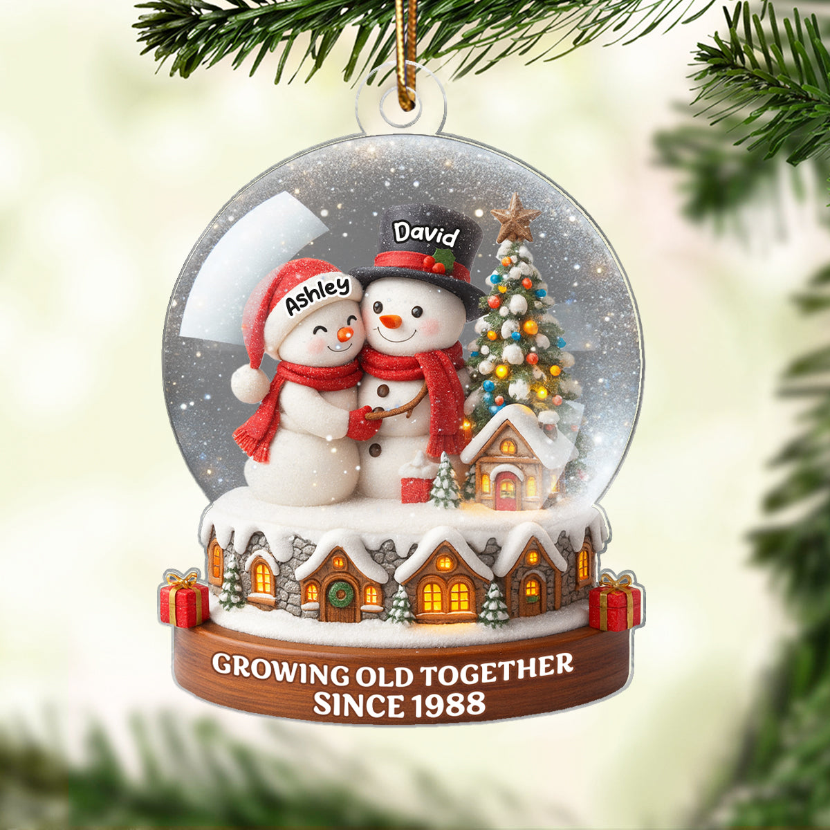 Snow Globe Snowman Couple Growing Old Together Personalized Acrylic Ornament, 3D Effect, Christmas Gift for him, Gift for her