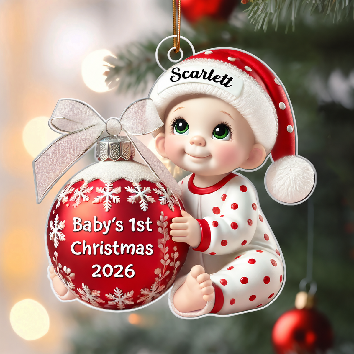 Baby Holding Christmas Bauble 3D Effect Baby's First Christmas Personalized Acrylic Flat Ornament