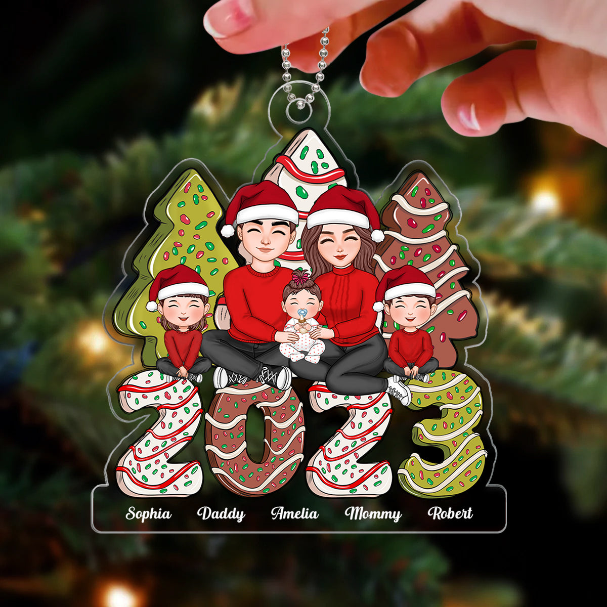 Happy Family Sitting Hugging Christmas Tree Cake Personalized Acrylic Ornament