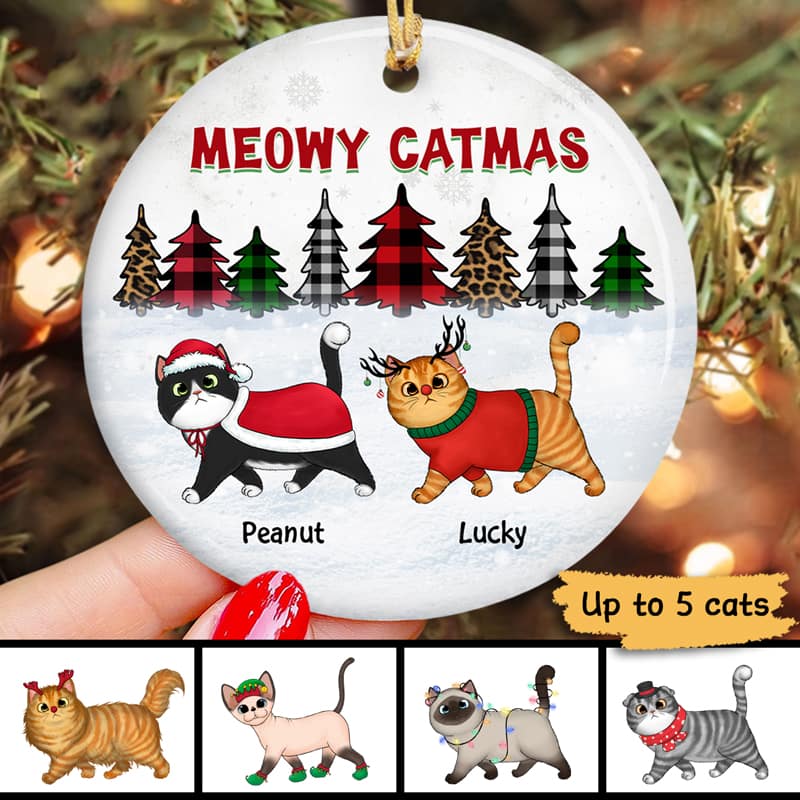Christmas Tree Buffalo Plaid and Leopard Cheetah Fluffy Cat Personalized Circle Ornament