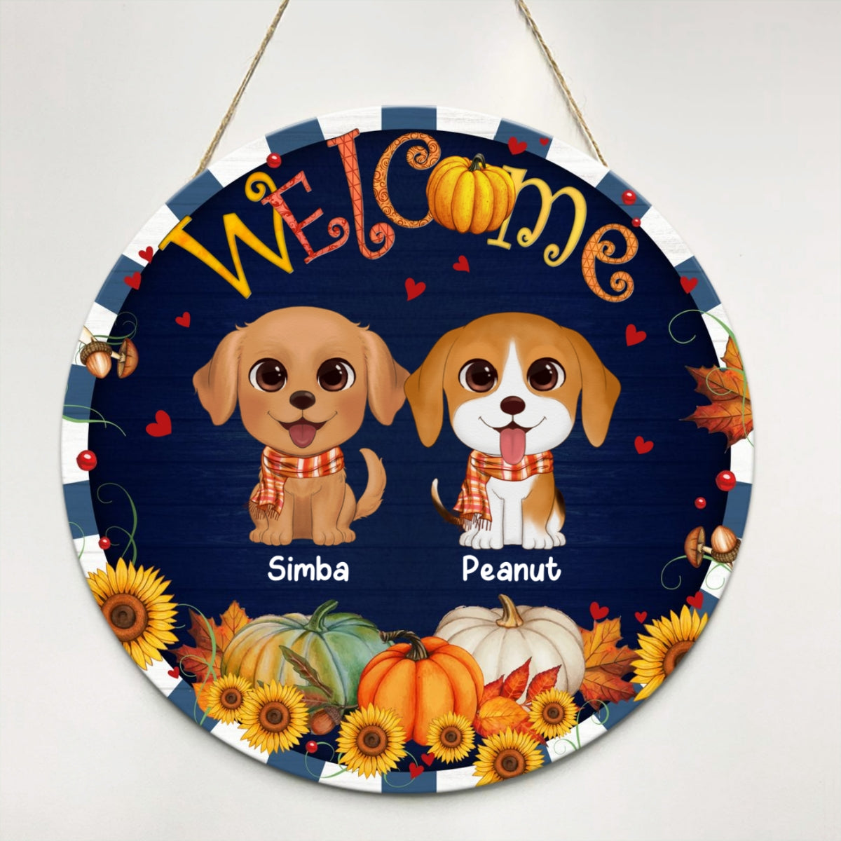 Fall Season Frame Watercolor Cute Dogs Personalized Door Hanger Sign