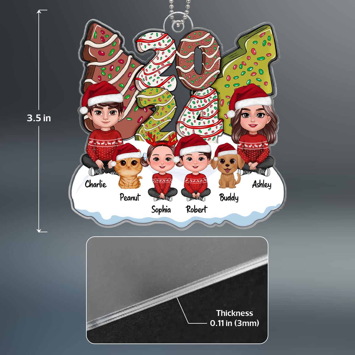 Family Dad Mom Kids Dogs Cats Sitting By 2024 Christmas Tree Cake Patterned Personalized Acrylic Ornament